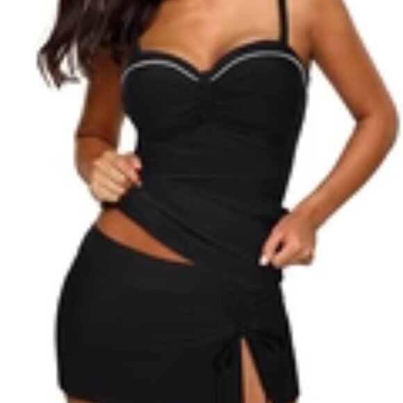 YONIQUE BLACK WHITE TRIM SWEETHEART NECKLINE RUCHED TANKINI SWIM TOP SIZE XL NWT - Picture 3 of 4